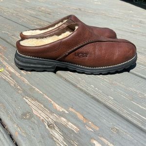 Brown leather sheepskin UGG slippers.